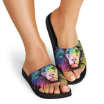 Colorful Leo Sign Print Black Slide Sandals