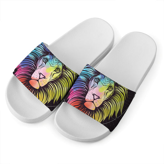 Colorful Leo Sign Print White Slide Sandals
