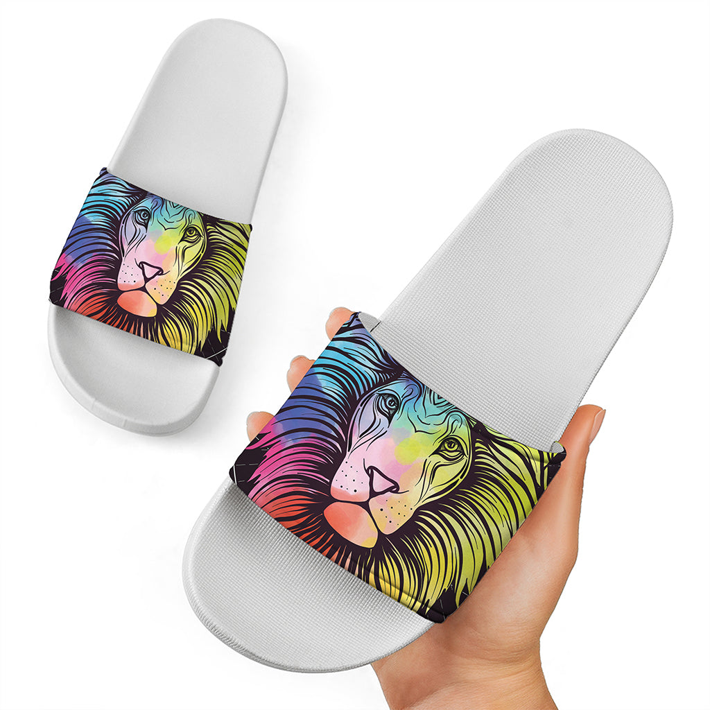 Colorful Leo Sign Print White Slide Sandals