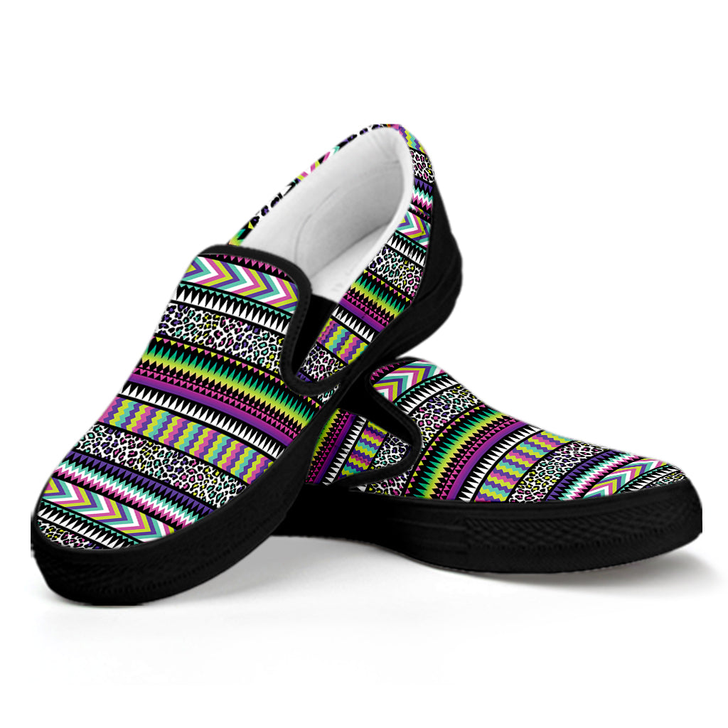 Colorful Leopard Navajo Tribal Print Black Slip On Shoes