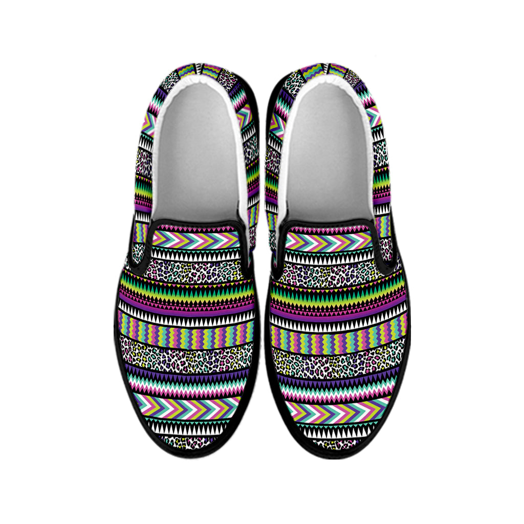 Colorful Leopard Navajo Tribal Print Black Slip On Shoes
