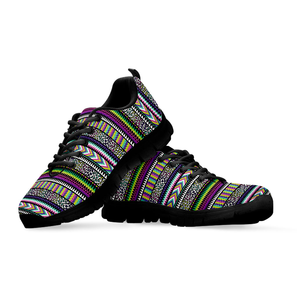 Colorful Leopard Navajo Tribal Print Black Sneakers