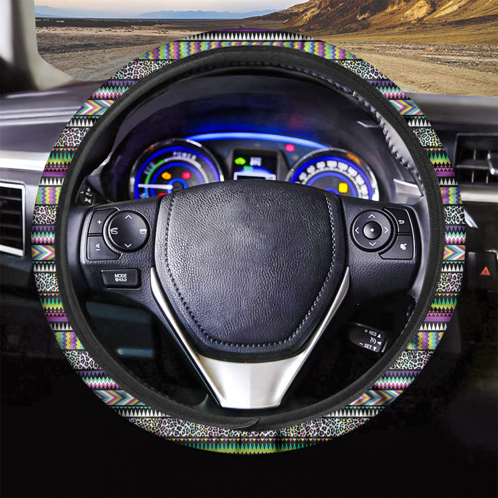 Colorful Leopard Navajo Tribal Print Car Steering Wheel Cover