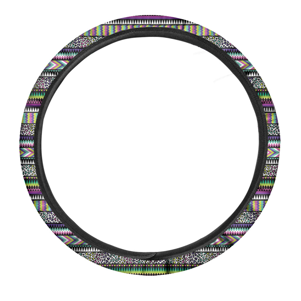 Colorful Leopard Navajo Tribal Print Car Steering Wheel Cover