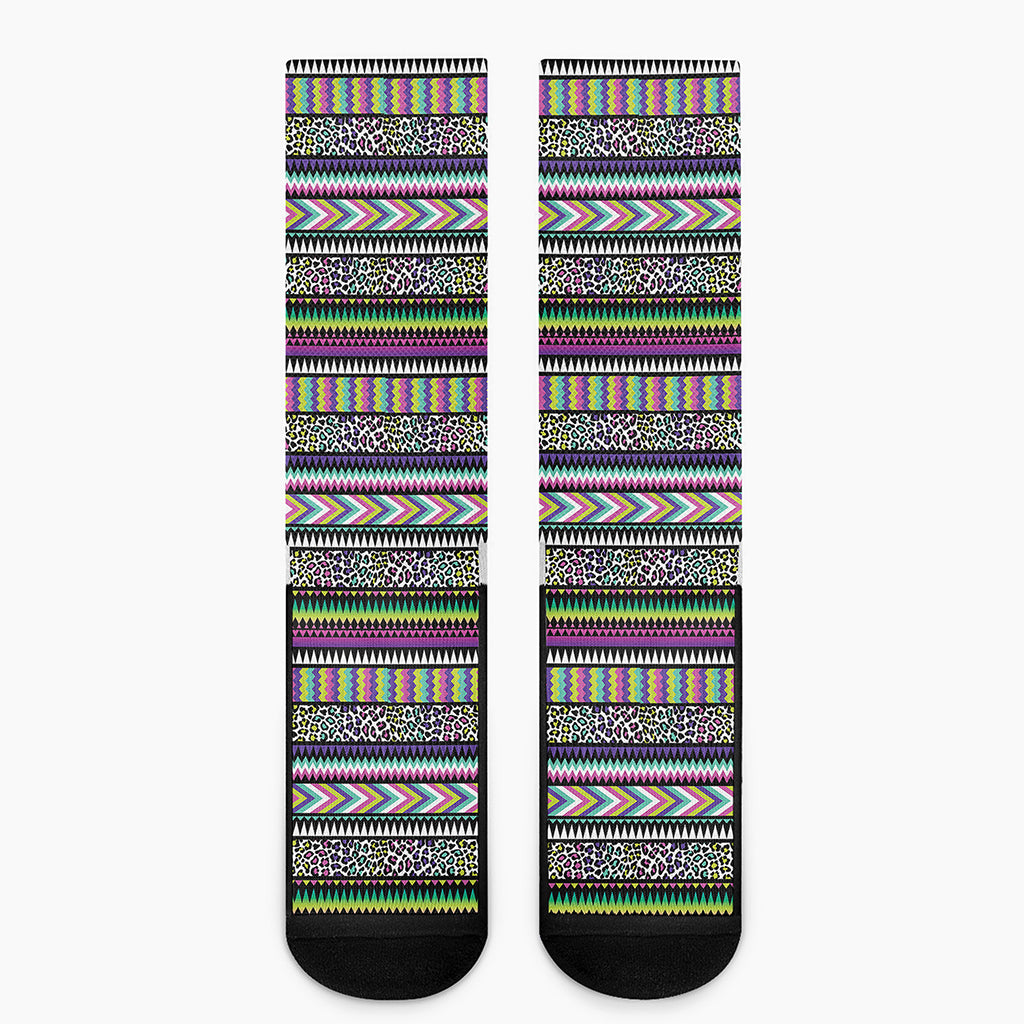 Colorful Leopard Navajo Tribal Print Crew Socks
