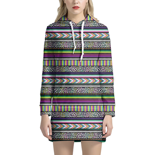Colorful Leopard Navajo Tribal Print Hoodie Dress