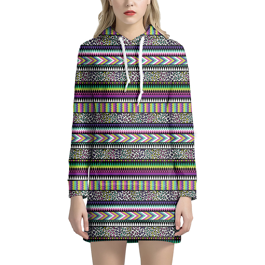 Colorful Leopard Navajo Tribal Print Hoodie Dress