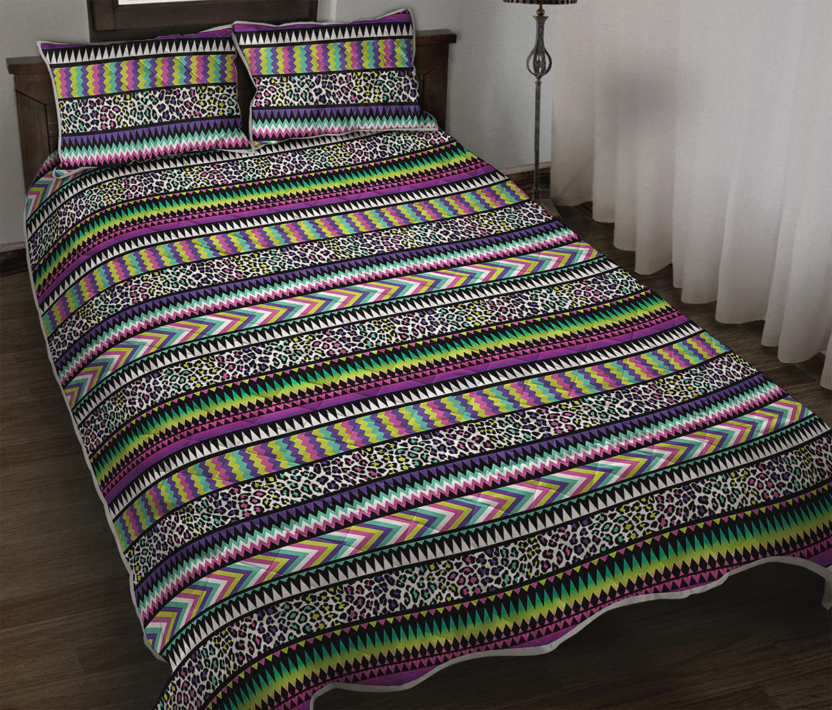 Colorful Leopard Navajo Tribal Print Quilt Bed Set