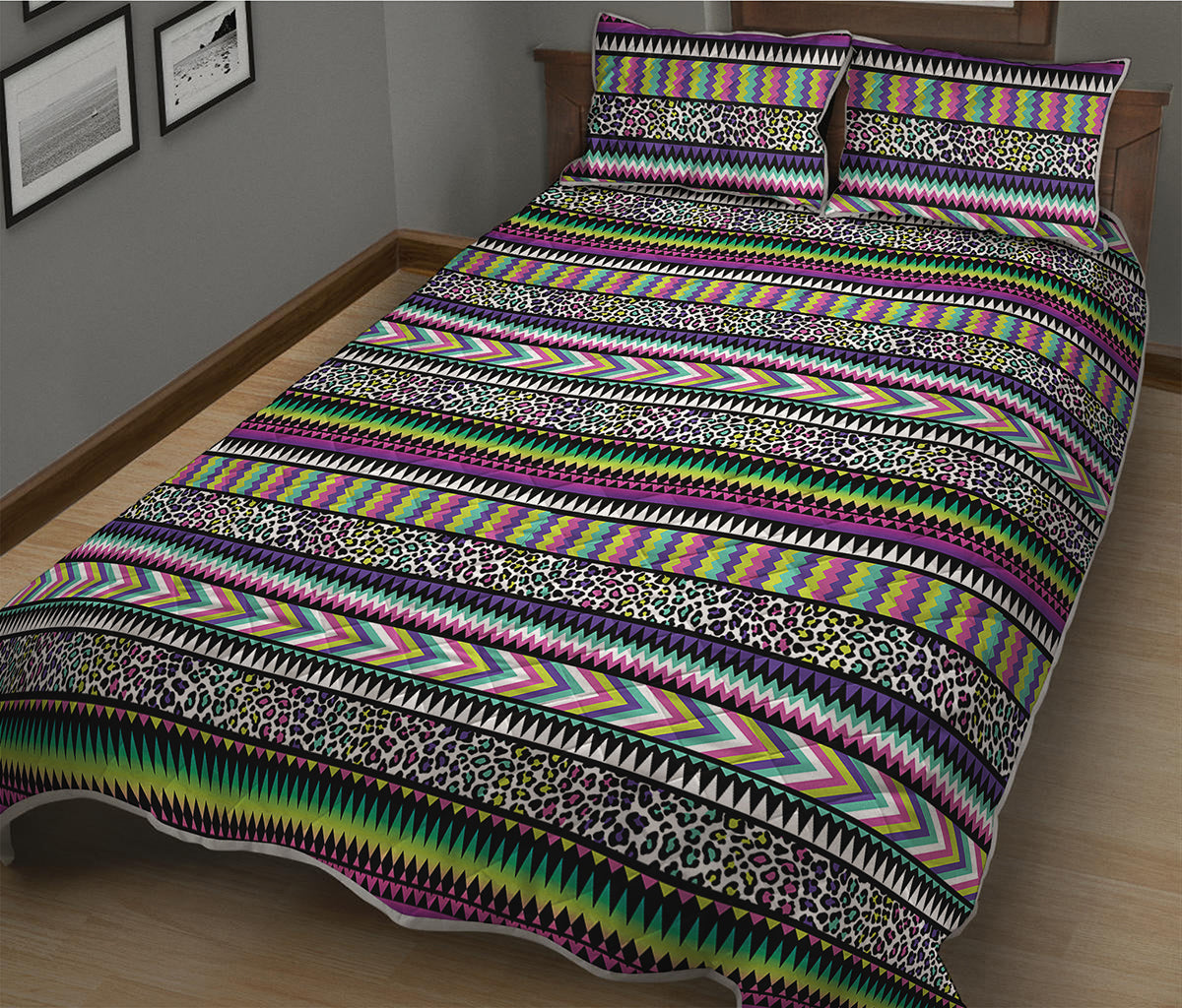 Colorful Leopard Navajo Tribal Print Quilt Bed Set