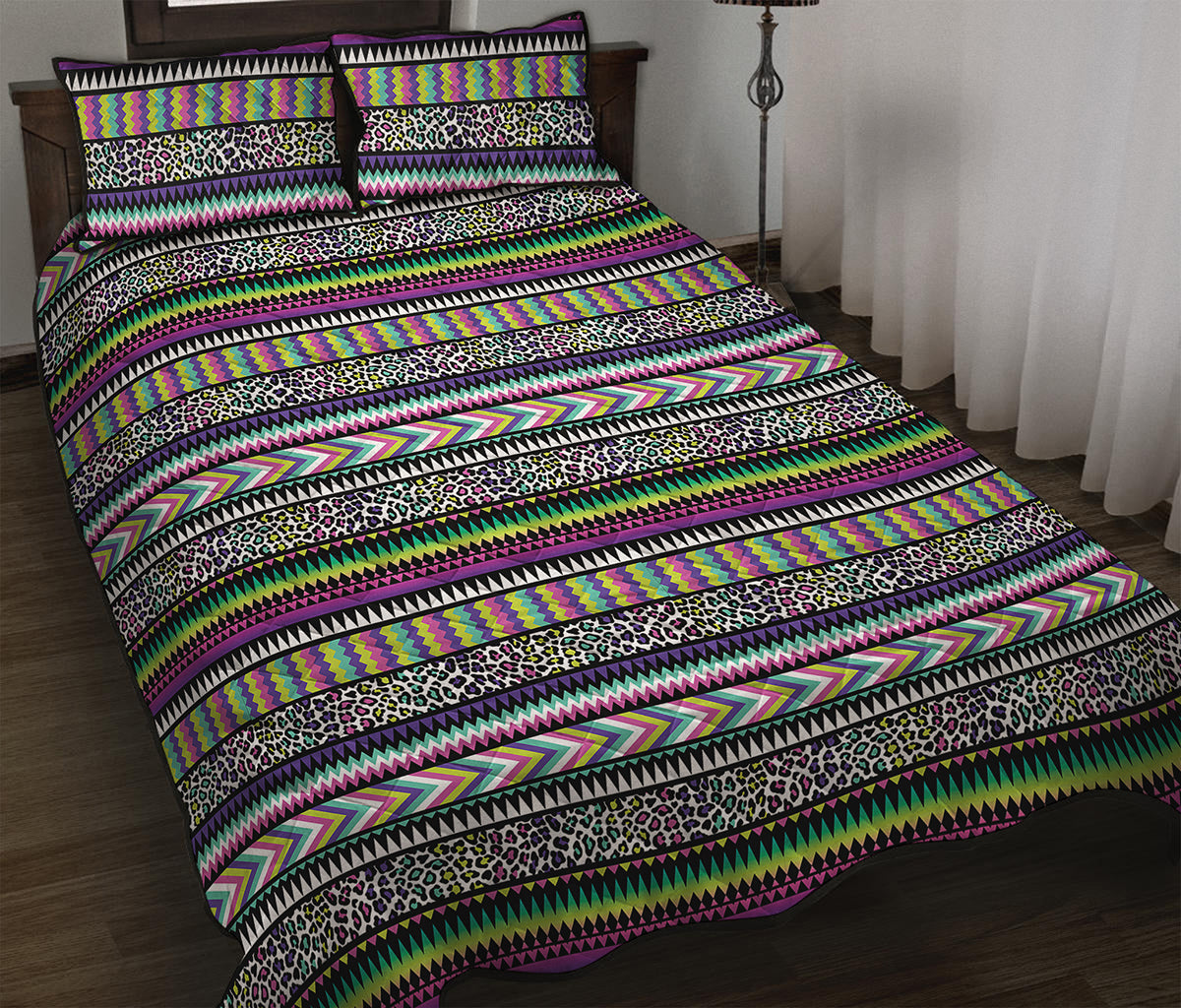 Colorful Leopard Navajo Tribal Print Quilt Bed Set