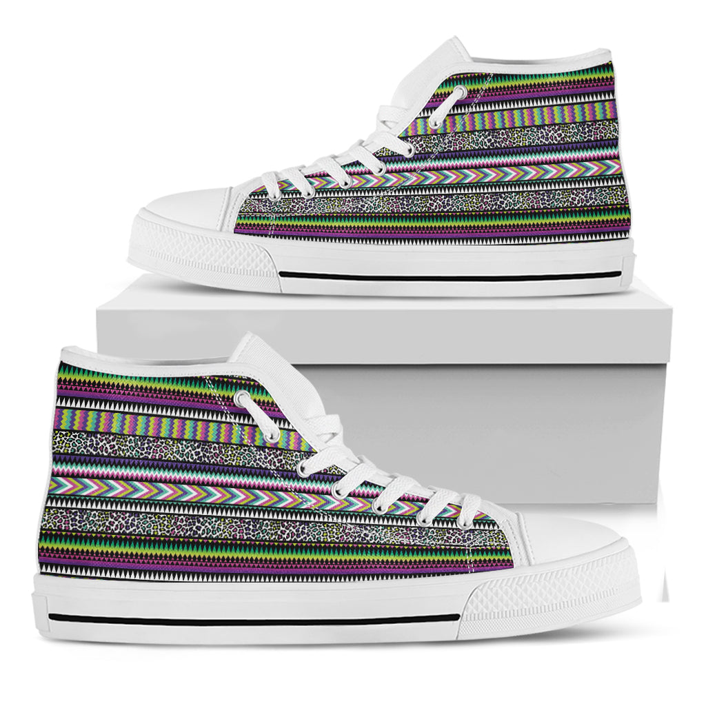 Colorful Leopard Navajo Tribal Print White High Top Shoes
