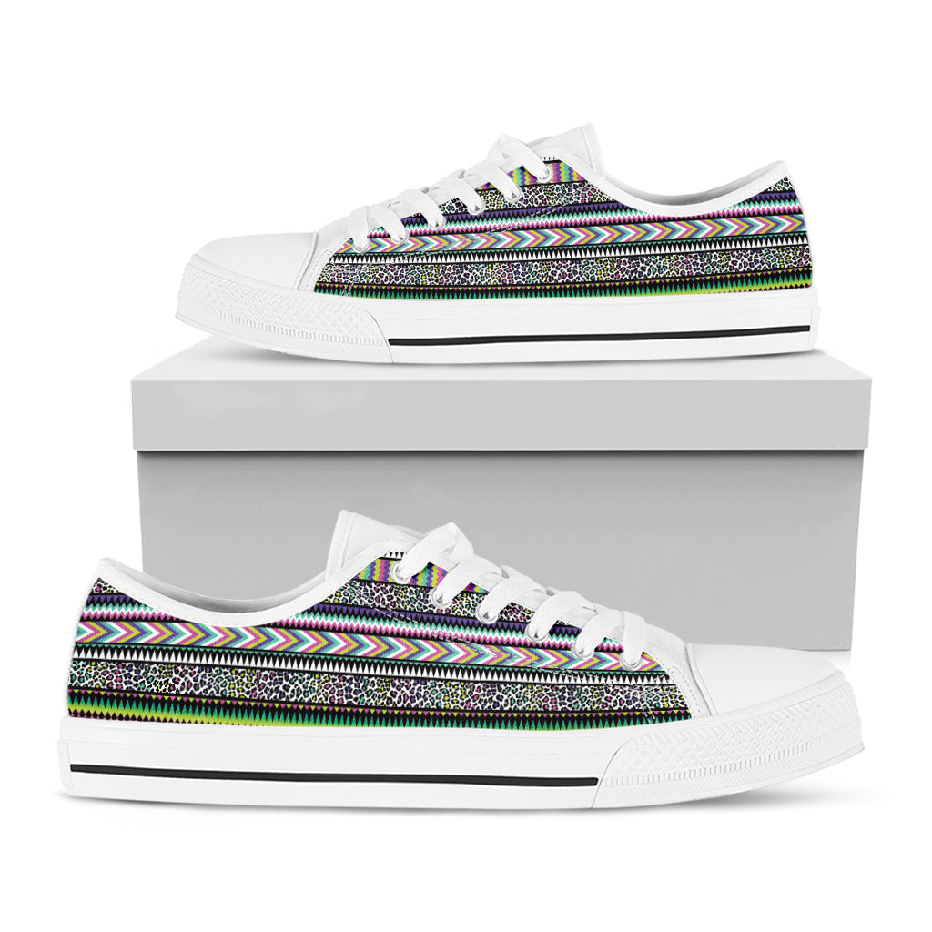 Colorful Leopard Navajo Tribal Print White Low Top Shoes