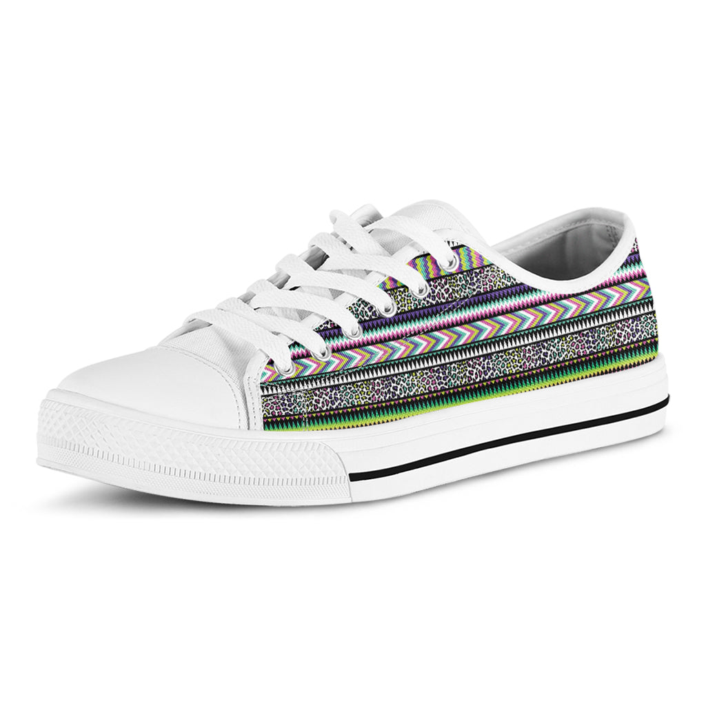 Colorful Leopard Navajo Tribal Print White Low Top Shoes