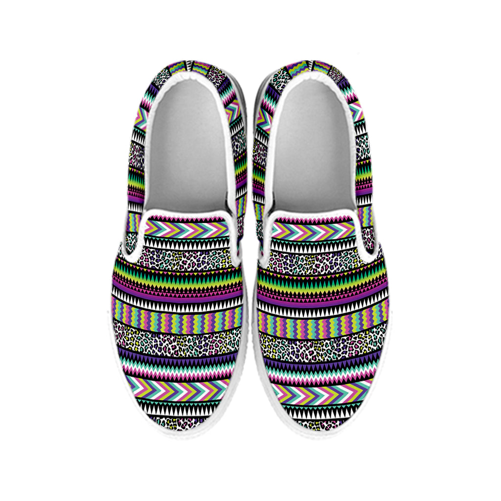 Colorful Leopard Navajo Tribal Print White Slip On Shoes