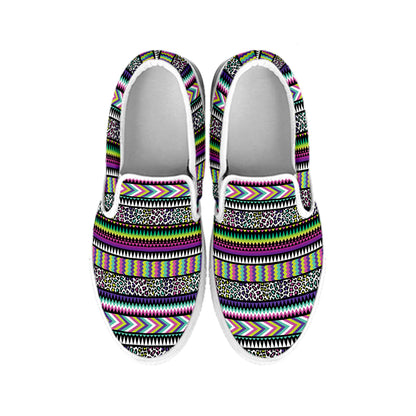 Colorful Leopard Navajo Tribal Print White Slip On Shoes