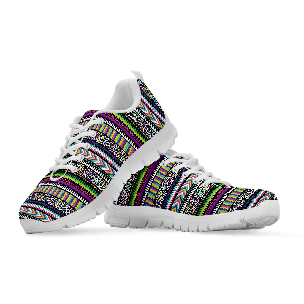 Colorful Leopard Navajo Tribal Print White Sneakers