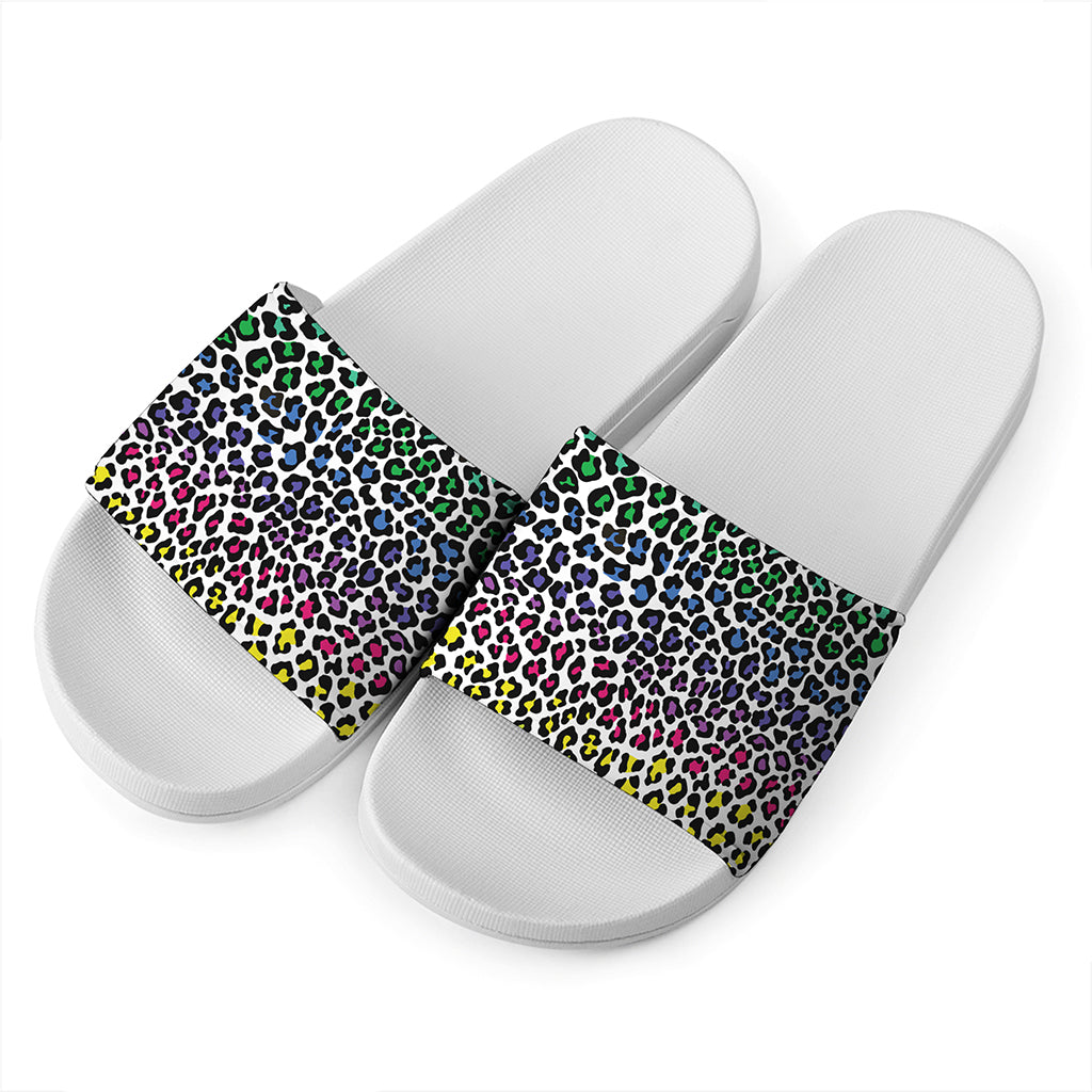 Colorful Leopard Print White Slide Sandals