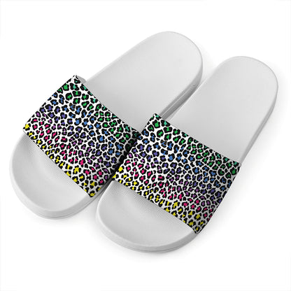 Colorful Leopard Print White Slide Sandals