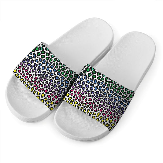 Colorful Leopard Print White Slide Sandals