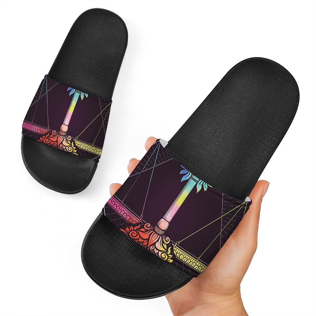 Colorful Libra Sign Print Black Slide Sandals