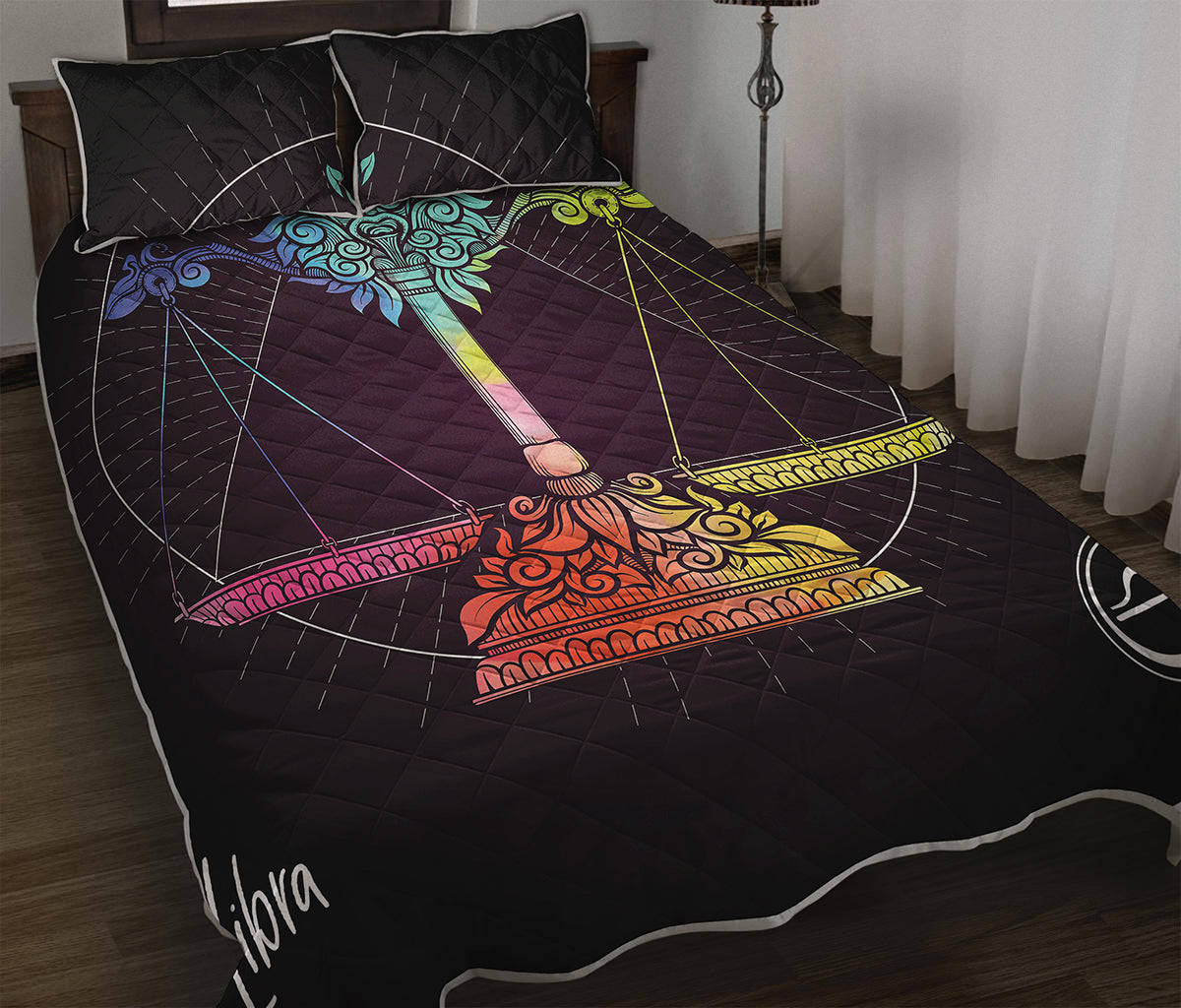 Colorful Libra Sign Print Quilt Bed Set