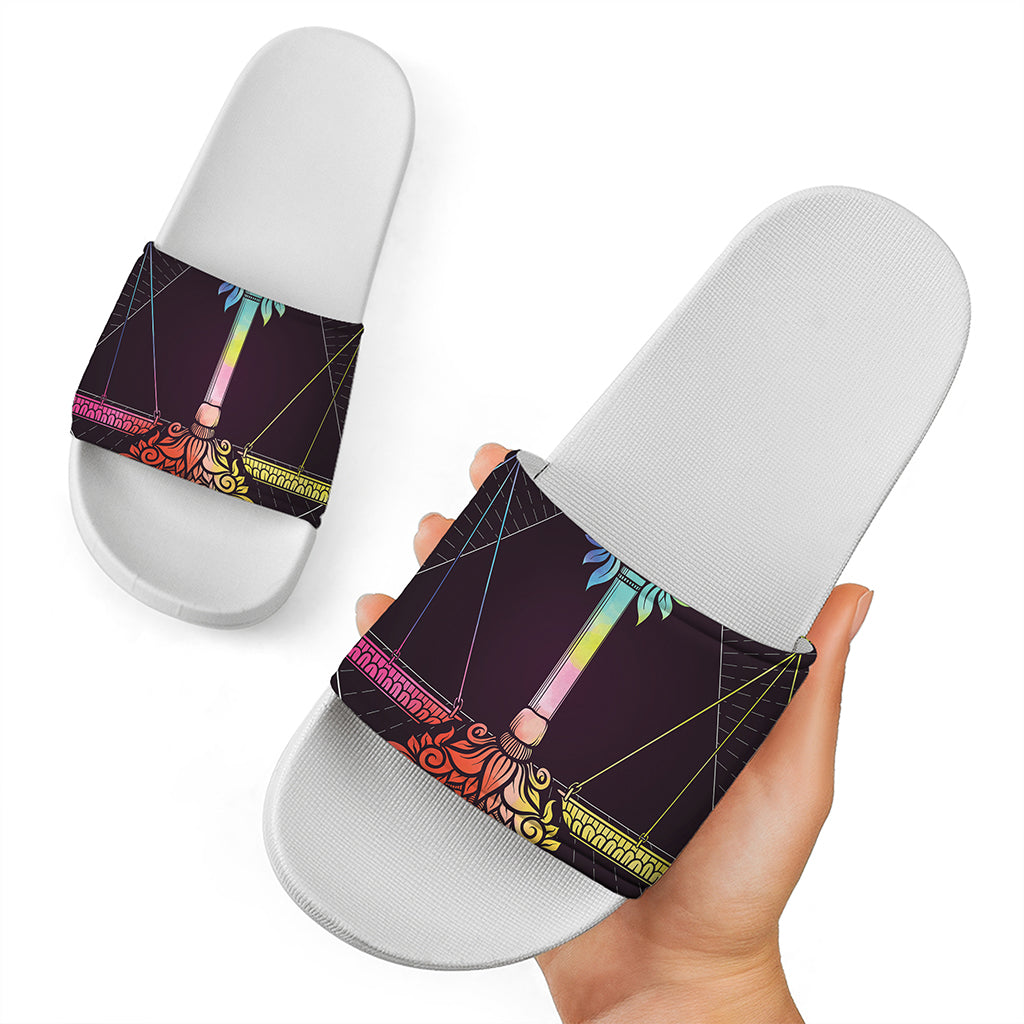 Colorful Libra Sign Print White Slide Sandals