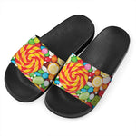 Colorful Lollipop And Candy Print Black Slide Sandals