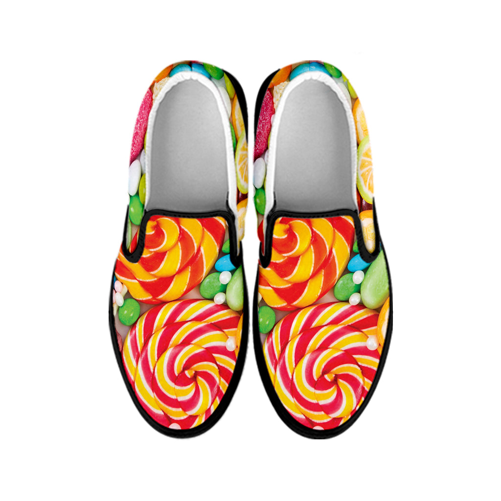 Colorful Lollipop And Candy Print Black Slip On Shoes