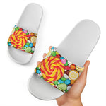Colorful Lollipop And Candy Print White Slide Sandals