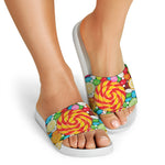 Colorful Lollipop And Candy Print White Slide Sandals