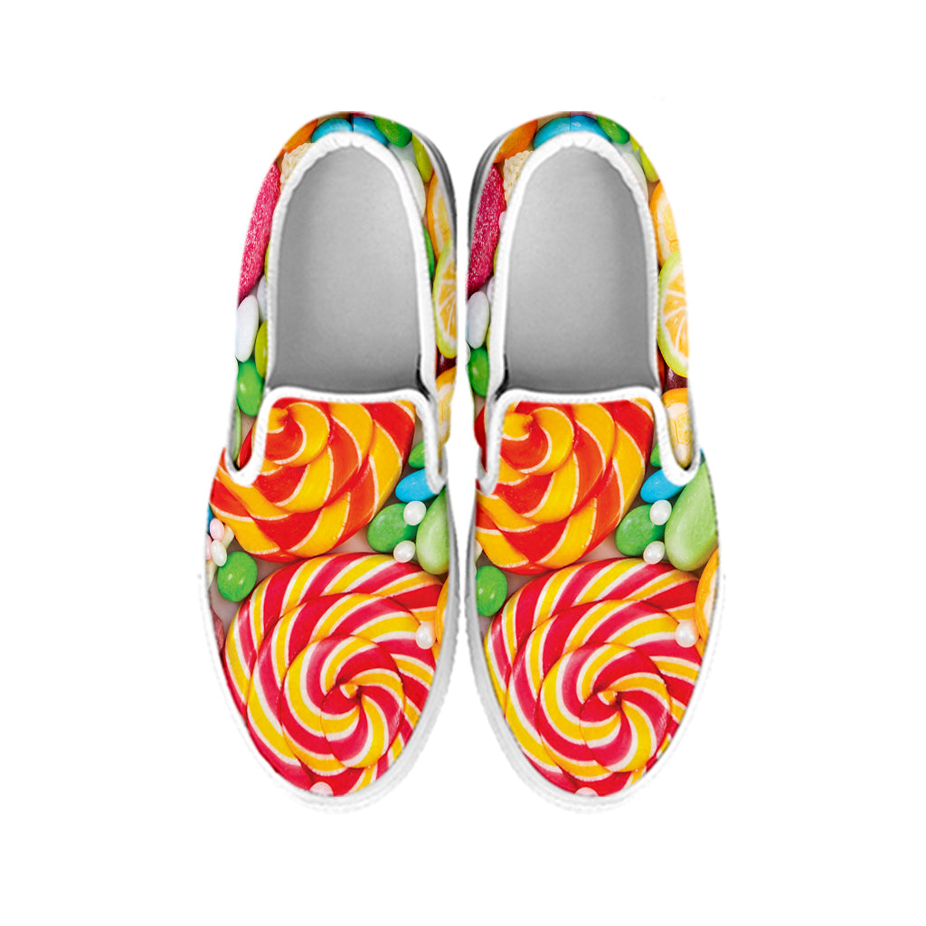 Colorful Lollipop And Candy Print White Slip On Shoes