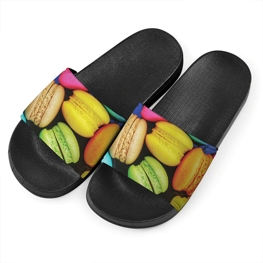 Colorful Macarons Print Black Slide Sandals