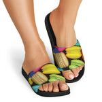 Colorful Macarons Print Black Slide Sandals