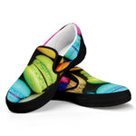 Colorful Macarons Print Black Slip On Shoes
