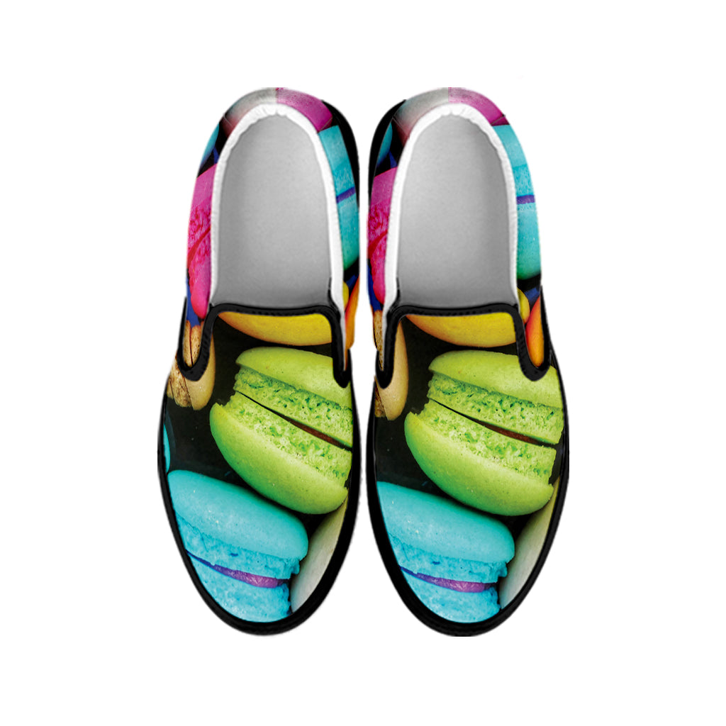 Colorful Macarons Print Black Slip On Shoes