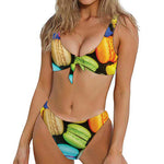 Colorful Macarons Print Front Bow Tie Bikini
