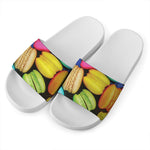Colorful Macarons Print White Slide Sandals