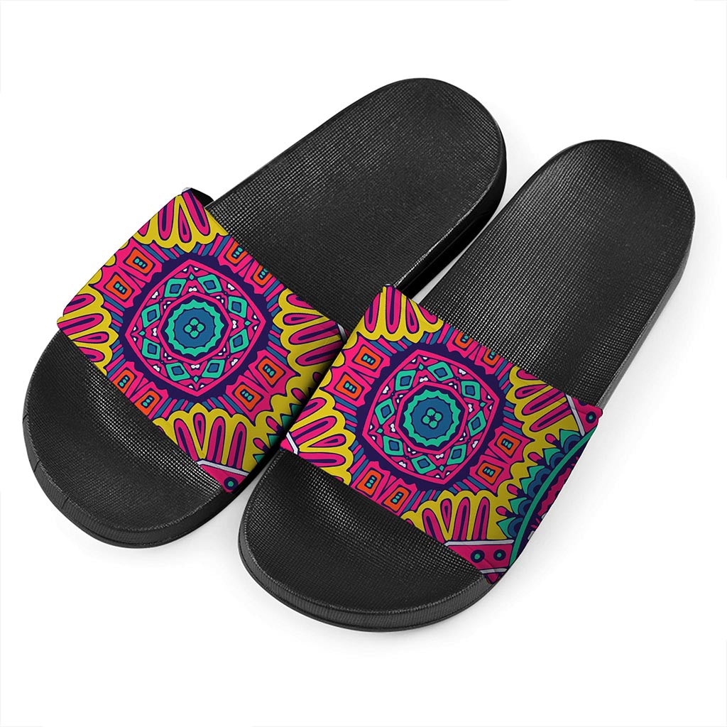 Colorful Mandala Bohemian Pattern Print Black Slide Sandals