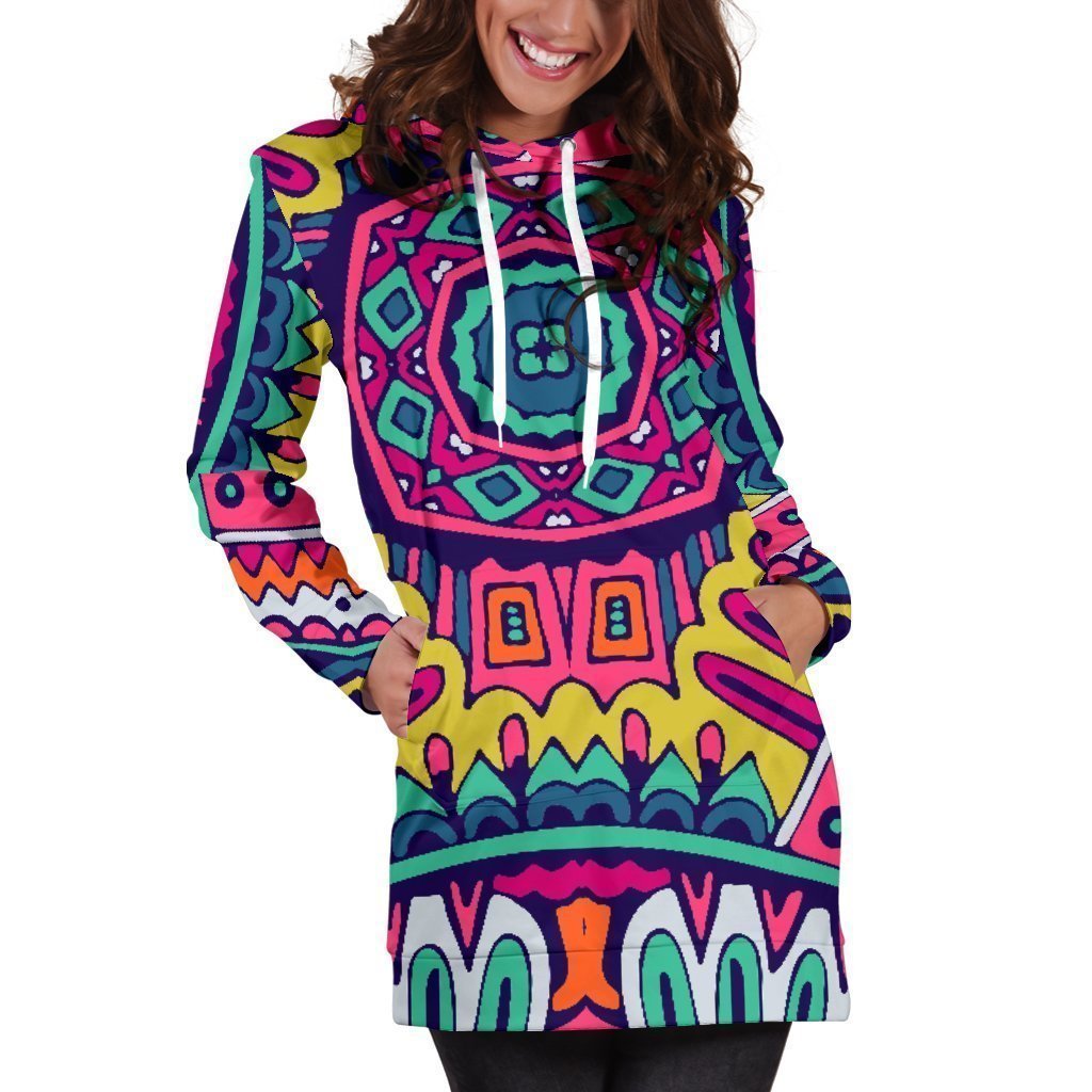 Colorful Mandala Bohemian Pattern Print Hoodie Dress GearFrost