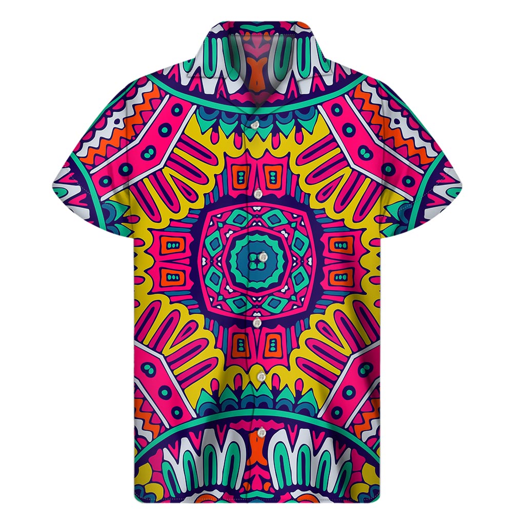 Colorful Mandala Bohemian Pattern Print Men's Short Sleeve Shirt