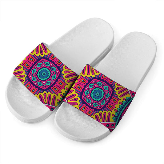 Colorful Mandala Bohemian Pattern Print White Slide Sandals