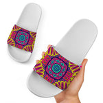 Colorful Mandala Bohemian Pattern Print White Slide Sandals