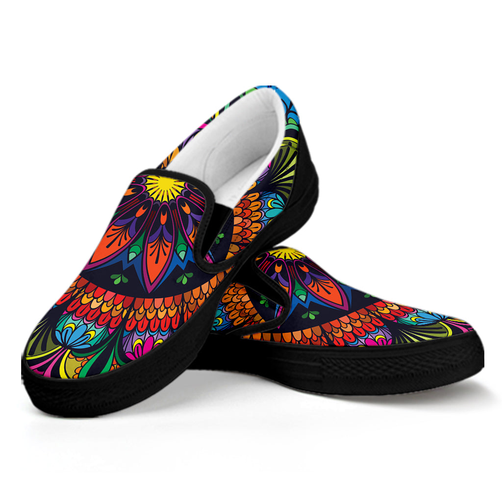 Colorful Mandala Print Black Slip On Shoes