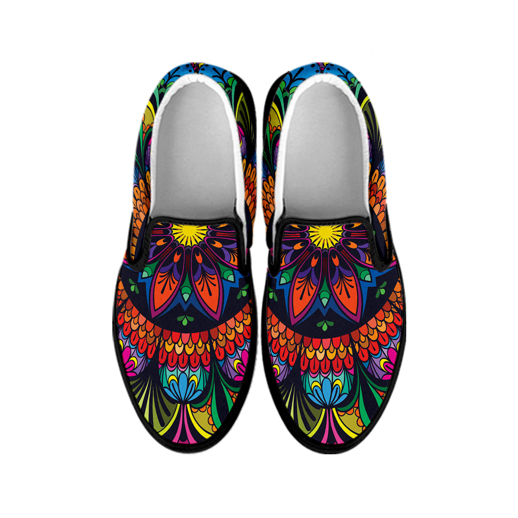 Colorful Mandala Print Black Slip On Shoes