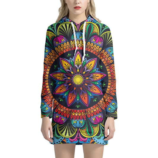 Colorful Mandala Print Hoodie Dress
