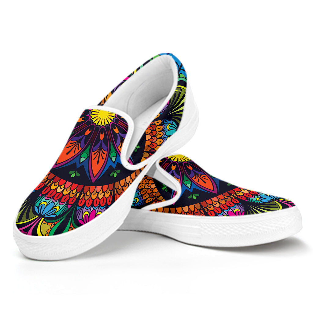 Colorful Mandala Print White Slip On Shoes