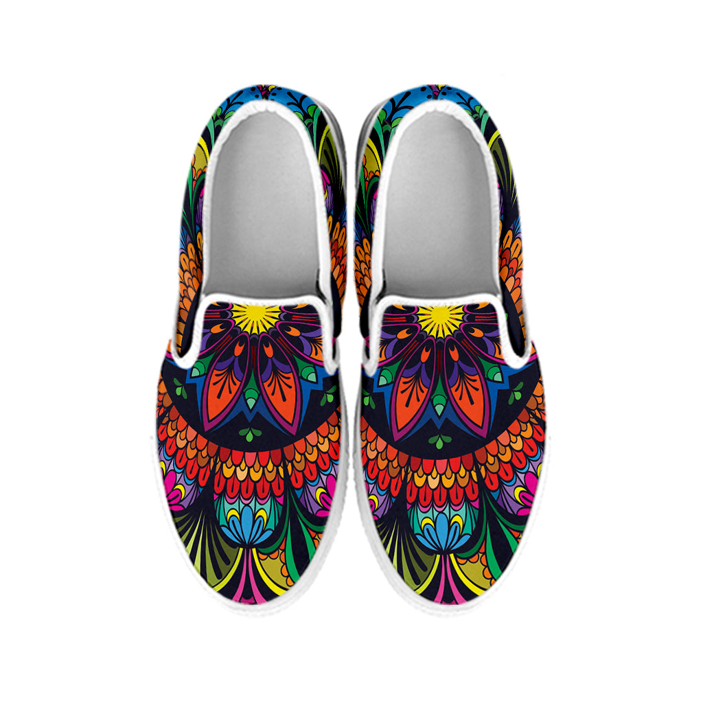 Colorful Mandala Print White Slip On Shoes