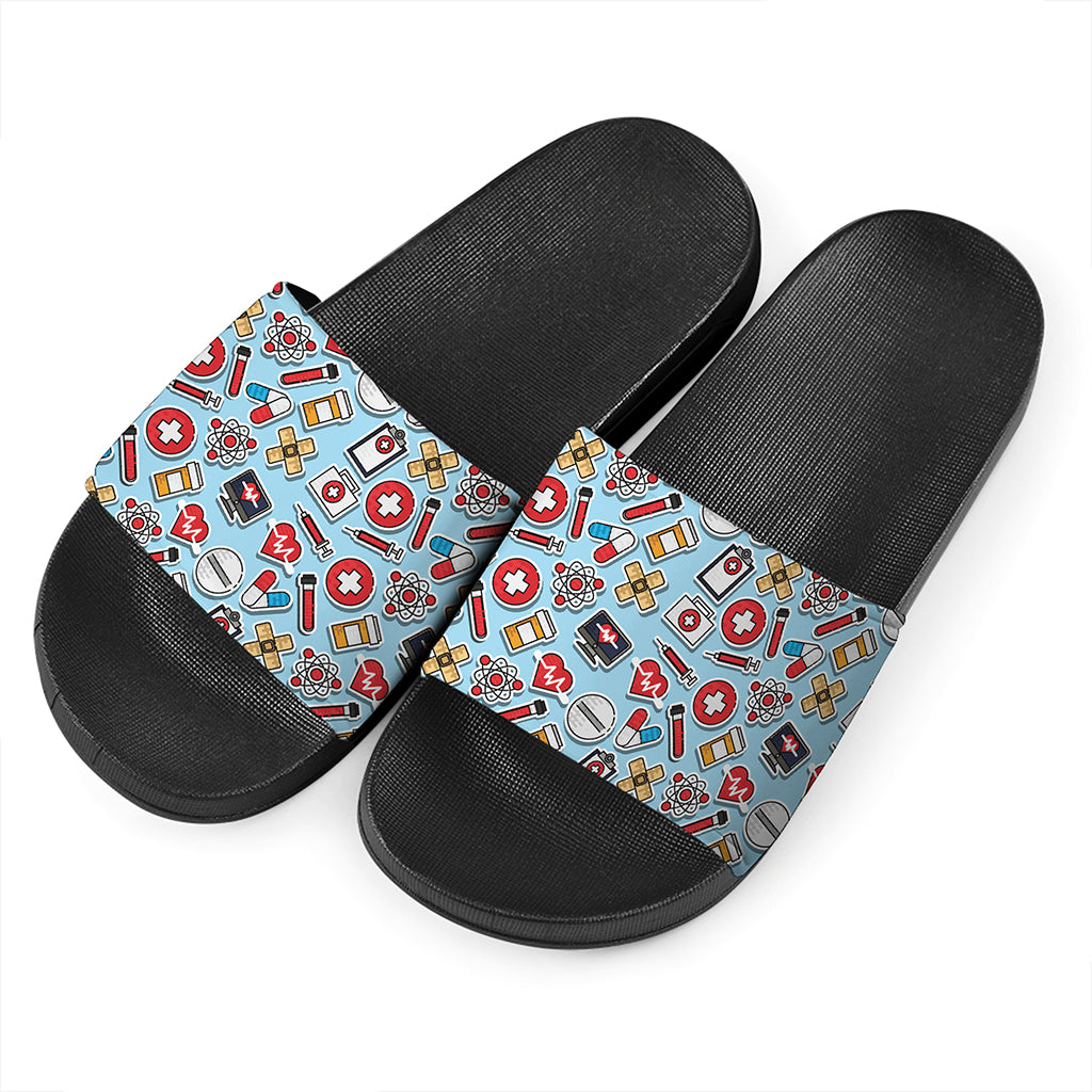 Colorful Medical Pattern Print Black Slide Sandals
