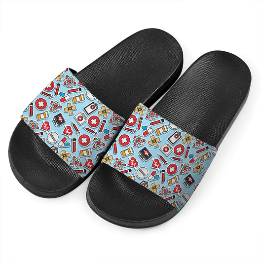 Colorful Medical Pattern Print Black Slide Sandals