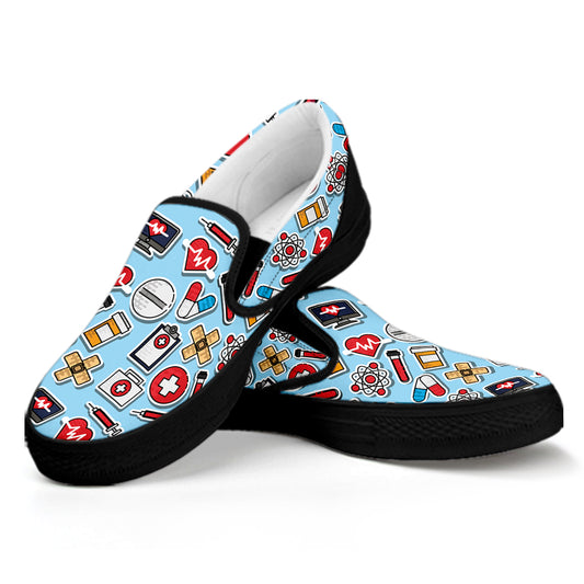 Colorful Medical Pattern Print Black Slip On Shoes